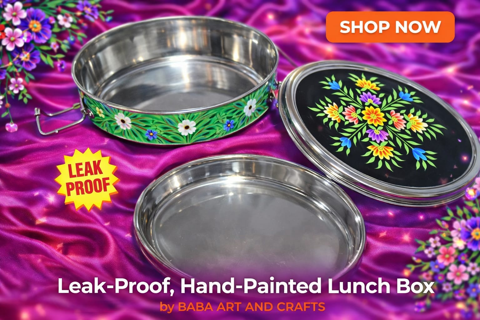 Single tier oval hand-painted stainless steel lunch box from Kashmir, leak-proof and lead-free enamelware handicraft